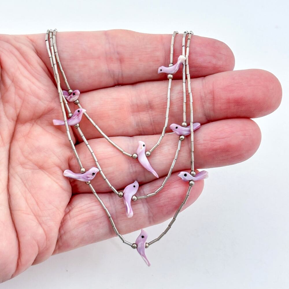 Vintage Sterling Silver 925 Liquid Silver Lavender Bird Necklace 18"